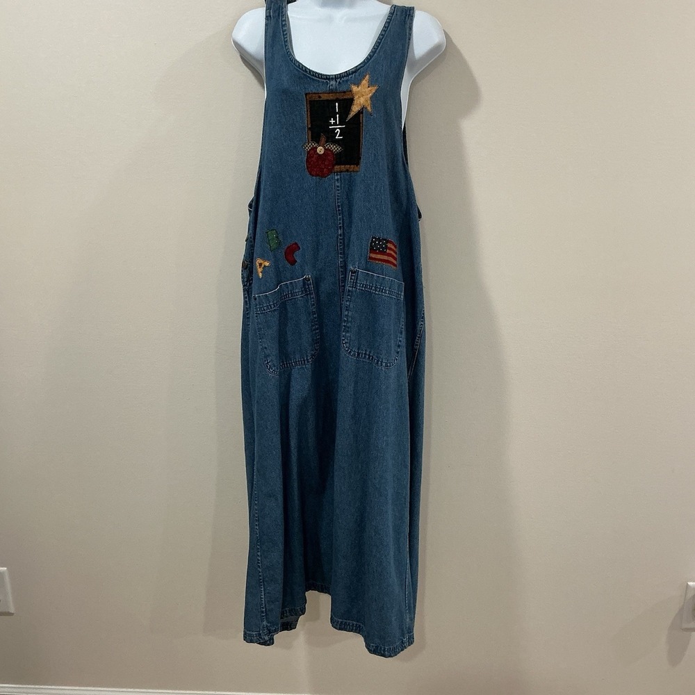 Vtg 90s Sugar Ridge Womens Denim Jumper Maxi Dress XL Embroidered Teacher School